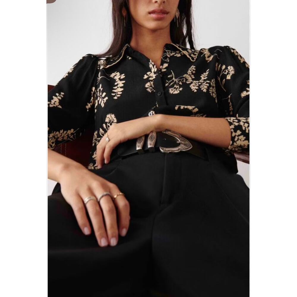 ba&sh Selym Floral Print Button Up Lady Shirt Black & Cream Size Small - Picture 4 of 12